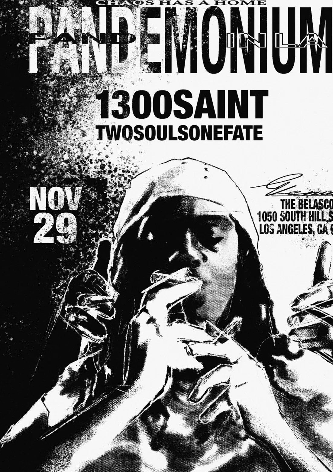 Black-and-white photocopied flyer for PANDEMONIUM in LA with 1300SAINT and TWOSOULSONEFATE, Nov 29, at The Belasco.