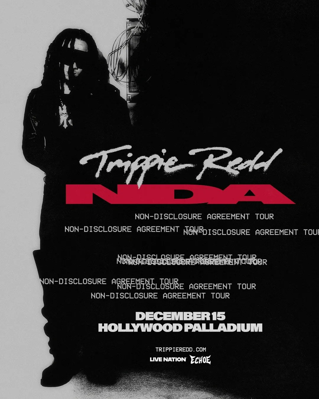 Black-and-white flyer for Trippie Redd's NDA, Non-Disclosure Agreement Tour, December 15 at the Hollywood Palladium, with the artist in a black hooded coat and sunglasses.